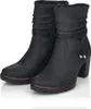 A pair of black leather ankle boots with block heels and decorative straps. Anteprima dell’immagine prodotto