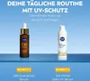 A marketing image showing two skincare products, a serum and a primer, with text indicating a daily routine with UV protection. Produktbild-Vorschau