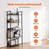 A multi-functional bookshelf with various items displayed on its shelves, alongside icons and text describing its uses. Podgląd zdjęcia produktu