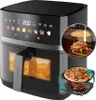 A black air fryer with a digital display and various cooking icons. Inset images show a steak cooking and a pizza. Anteprima dell’immagine prodotto