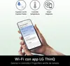 A hand holding a smartphone displaying the LG ThinQ app, with icons and text about refrigerator features above. Produktbild-Vorschau