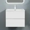 A white bathroom vanity with a sink and faucet against a gray textured wall. Produktbild-Vorschau