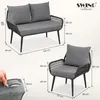 Dimensions of a garden seating set, including a sofa and an armchair, are shown with measurement lines and text. Anteprima dell’immagine prodotto