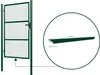 A green metal garden gate is shown, with a close-up detail of one of its metal tubes. Produktbild-Vorschau