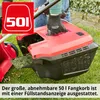 A person is using a lawnmower with a grass catcher in a garden setting. Produktbild-Vorschau