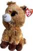 A close-up side view of a brown plush toy horse with large golden eyes and a white muzzle, sitting on a white background. A red heart-shaped Ty tag is attached to its ear. Produktbild-Vorschau