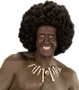 A man wearing a black afro wig and dark makeup, with a necklace made of bones and a skull, is posing for the camera. Produktbild-Vorschau