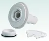 A white plastic skimmer return nozzle with two accessories, a threaded cap and a tool, are displayed against a plain white background. Produktbild-Vorschau