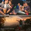Two scenes showing people enjoying outdoor activities, one around a campfire and another hiking at sunset, with a product highlighted. Produktbild-Vorschau