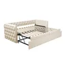 A cream-colored sofa bed with its mattress frame extended, shown from a side angle against a white background. Produktbild-Vorschau