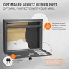 A dark gray mailbox with its front door open, showing mail inside. Text overlays describe its features. Produktbild-Vorschau