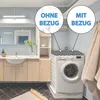 A bathroom with a washing machine and a vanity. Voir les images du produit