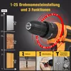 A close-up of a cordless drill with a diagram showing torque settings and three functional modes. Produktbild-Vorschau