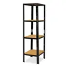 A black metal shelving unit with four wooden shelves, presented against a white background. Podgląd zdjęcia produktu