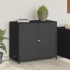 A black poly rattan garden cabinet is shown outdoors on a tiled patio, next to a wall and a plant. Produktbild-Vorschau