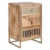 A wooden nightstand with three drawers and a metal frame, shown against a white background. Podgląd zdjęcia produktu