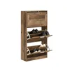 A wooden shoe cabinet with three flip-down drawers, each containing shoes. Produktbild-Vorschau