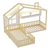 A wooden house-shaped bed frame with two mattress bases, one larger than the other, forming an L-shape. It has a window detail and a shelf unit above one of the beds. Anteprima dell’immagine prodotto