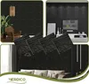 Collage of images showing black 3D wall panels in different room settings and as product samples. Podgląd zdjęcia produktu