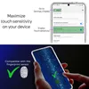 A split image showing instructions for maximizing touch sensitivity on a phone and a hand holding a phone with a clear case. Produktbild-Vorschau