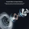 An exploded view of a powerful motor for rapid filtration, with text describing its features. Produktbild-Vorschau