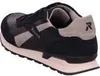 A side view of a black and gray sneaker with a beige heel. Voir les images du produit