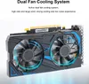 A computer graphics card with dual fans, presented against a white background with marketing text above. Produktbild-Vorschau