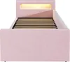 A pink upholstered bed frame with a slatted base and a lit headboard. Náhľad obrázku produktu