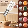 A hand holding an electric noodle maker with noodles coming out into a bowl, with various noodle types shown on the side. Produktbild-Vorschau