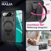 A collage of images showcasing a black phone case with a ring holder, a close-up of the ring holder mechanism, and a person using a laptop at a desk. Produktbild-Vorschau