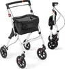 A white and black rollator walker with a basket and tray, shown from the front and folded from the side. Náhled obrázku produktu