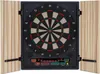 An electronic dartboard with two wooden doors open, displaying the dartboard and digital score displays. Produktbild-Vorschau