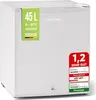 A white mini refrigerator with various labels and stickers on it. Produktbild-Vorschau