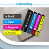 Four ink cartridges are displayed diagonally, with labels indicating their colors and compatibility information. Produktbild-Vorschau