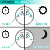 Diagrams illustrating the settings for a motion-activated outdoor light, showing day and night modes. Produktbild-Vorschau