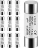 A collection of photovoltaic fuses arranged in a grid next to a single fuse shown in detail. Voir les images du produit