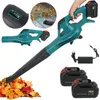 A collage of images showing a cordless leaf blower, its accessories, and its use. Produktbild-Vorschau