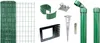 A collection of fencing components, including a roll of green wire mesh, various green plastic clips and connectors, a silver metal ground spike, and green metal fence posts. Anteprima dell’immagine prodotto