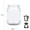 A clear glass jar with measurement indicators and weight information. Produktbild-Vorschau