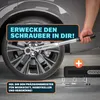A hand is using a torque wrench on a car wheel, with the product and accessories laid out on the ground. Produktbild-Vorschau