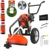 A collection of items for a gas-powered string trimmer, including the trimmer itself, fuel bottles, a cutting blade, string, and tools. Produktbild-Vorschau