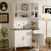 A white and brown storage cabinet with doors and a drawer, decorated with various items. Náhled obrázku produktu
