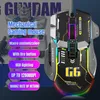 A mechanical gaming mouse with RGB lighting and various features highlighted with text overlays, set against a background image of a Gundam robot. Produktbild-Vorschau