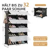 A modular shoe rack with multiple compartments, some of which are open and display shoes, while others have clear doors. There are also dimensions and text overlays indicating capacity and shoe sizes. Produktbild-Vorschau