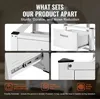 A collage of four close-up images showcasing features of a white washing machine pedestal, with text overlays and icons at the bottom. Voir les images du produit
