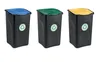 Three black trash cans with different colored lids (blue, green, yellow) and recycling symbols on them, arranged side-by-side on a white background. Produktbild-Vorschau
