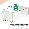 A clear, well-lit image of a U-shaped glass coffee table with dimensions and weight information overlaid. Voir les images du produit