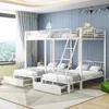 A children's bedroom with a white metal bunk bed, featuring multiple beds and storage drawers, set against a blue wall with decorative flags and a window with blue curtains. Produktbild-Vorschau
