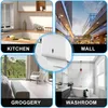 Collage of four different scenes: a kitchen, a mall, a living room, and a bathroom, with a central image of a white dispenser. Produktbild-Vorschau