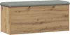 A storage bench with a gray upholstered top and a wood-grain finish on the body. Produktbild-Vorschau